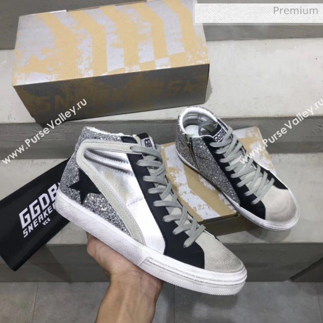 Golden Goose GGDB Calfskin Star Slide Sneakers With Glitter Silver/Black 2020 (13-20041641)