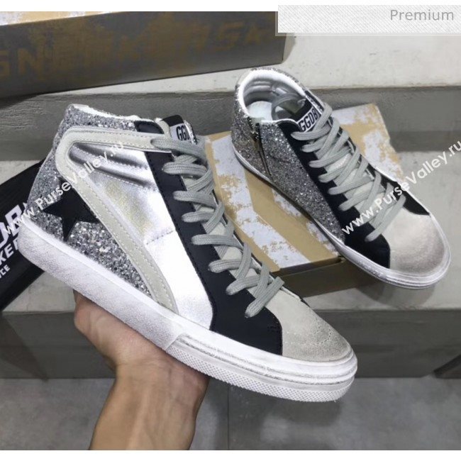 Golden Goose GGDB Calfskin Star Slide Sneakers With Glitter Silver/Black 2020 (13-20041641)