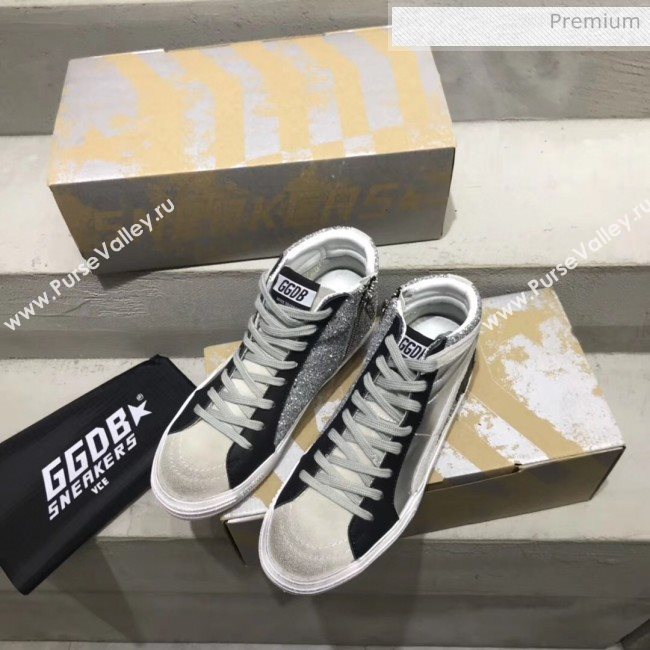Golden Goose GGDB Calfskin Star Slide Sneakers With Glitter Silver/Black 2020 (13-20041641)