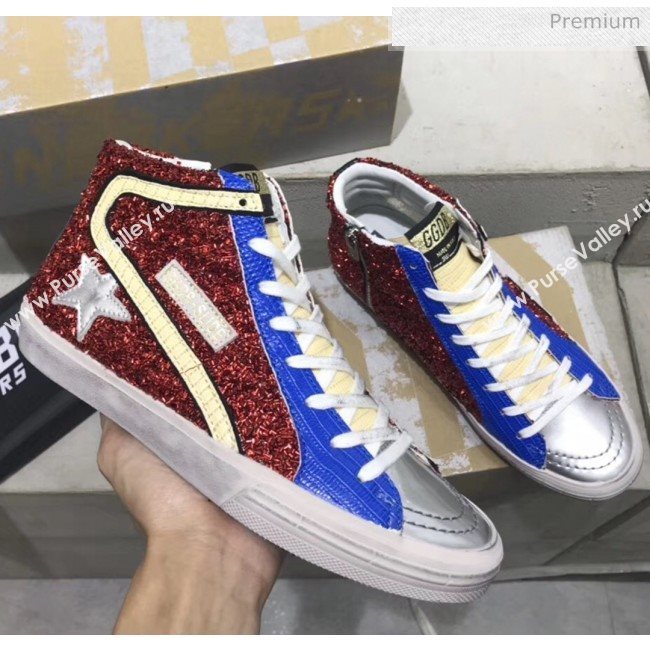 Golden Goose GGDB Calfskin Star Slide Sneakers With Glitter Red/Blue 2020 (13-20041645)