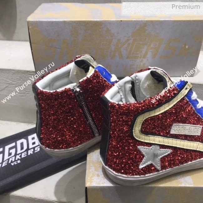 Golden Goose GGDB Calfskin Star Slide Sneakers With Glitter Red/Blue 2020 (13-20041645)