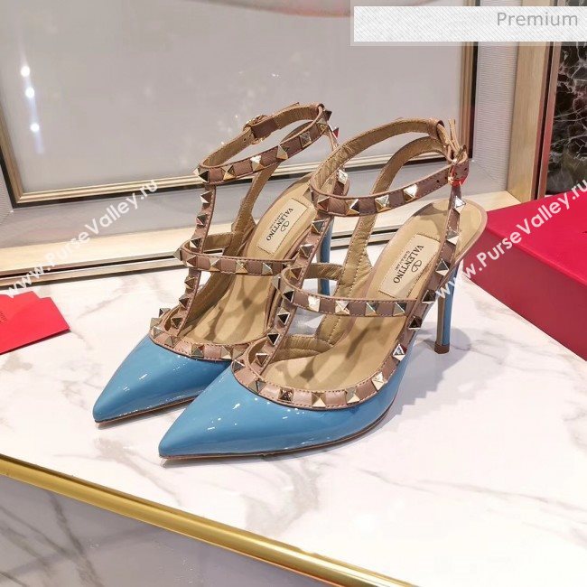 Valentino Patent Calfskin Rockstud Ankle Strap With 9.5cm Heel Blue (3015-20041547)