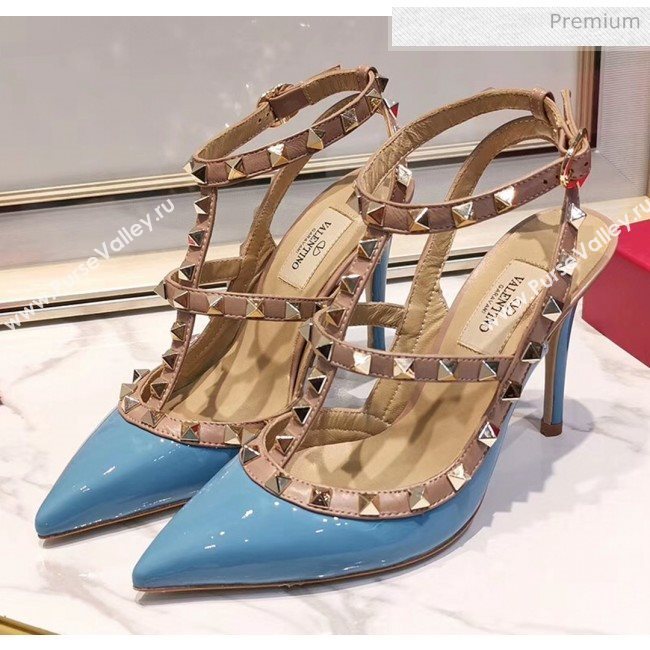 Valentino Patent Calfskin Rockstud Ankle Strap With 9.5cm Heel Blue (3015-20041547)
