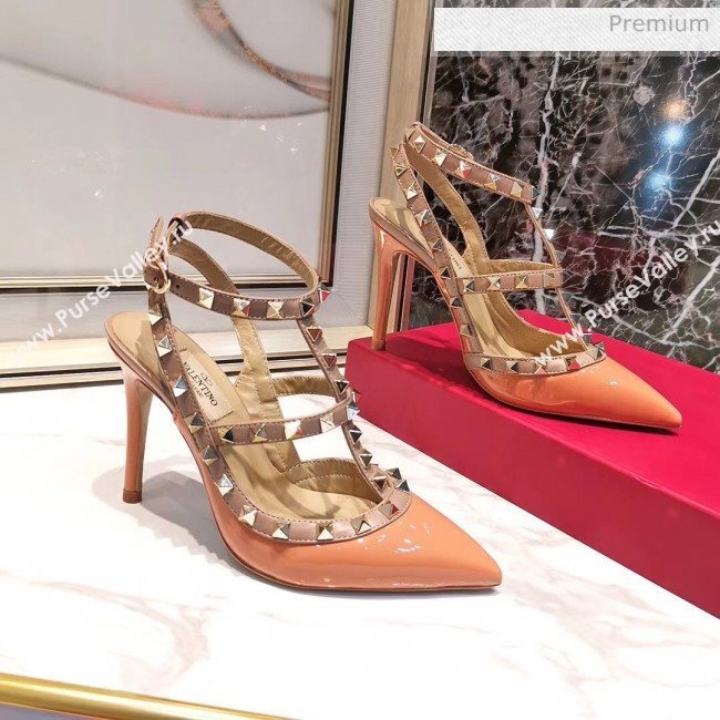 Valentino Patent Calfskin Rockstud Ankle Strap With 9.5cm Heel Orange (3015-20041548)
