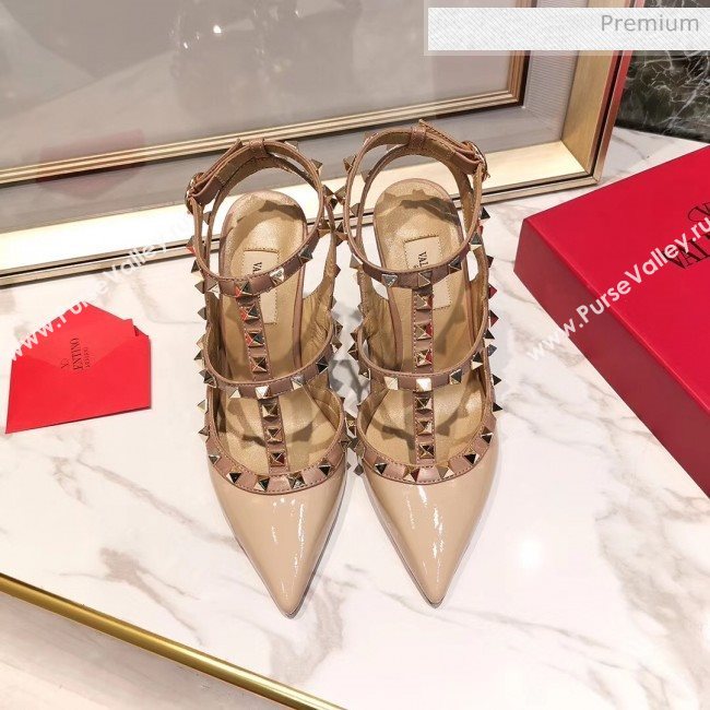Valentino Patent Calfskin Rockstud Ankle Strap With 9.5cm Heel Nude (3015-20041549)