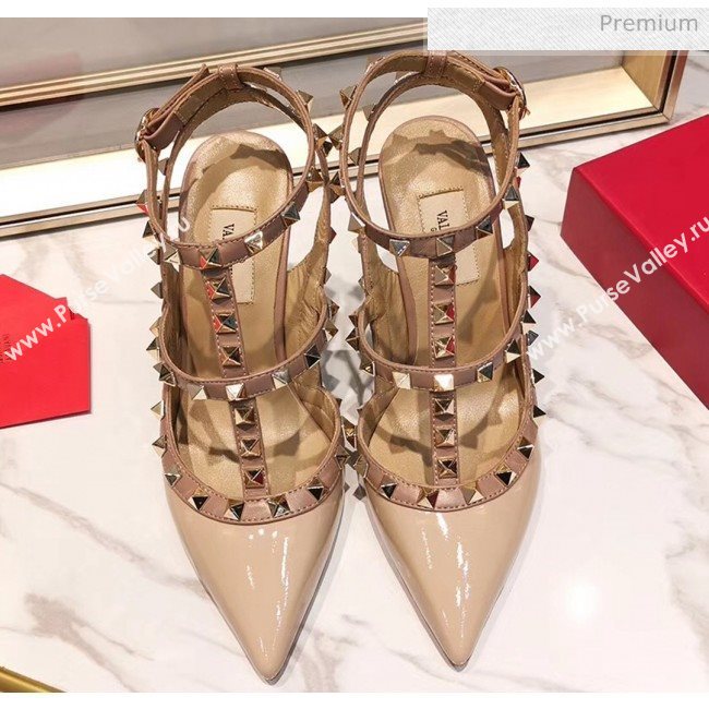 Valentino Patent Calfskin Rockstud Ankle Strap With 9.5cm Heel Nude (3015-20041549)