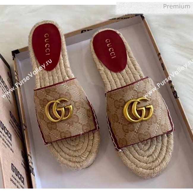 Gucci GG Matelassé Canvas Espadrille Sandal Beige/Burgundy 2020 (HB-20041401)