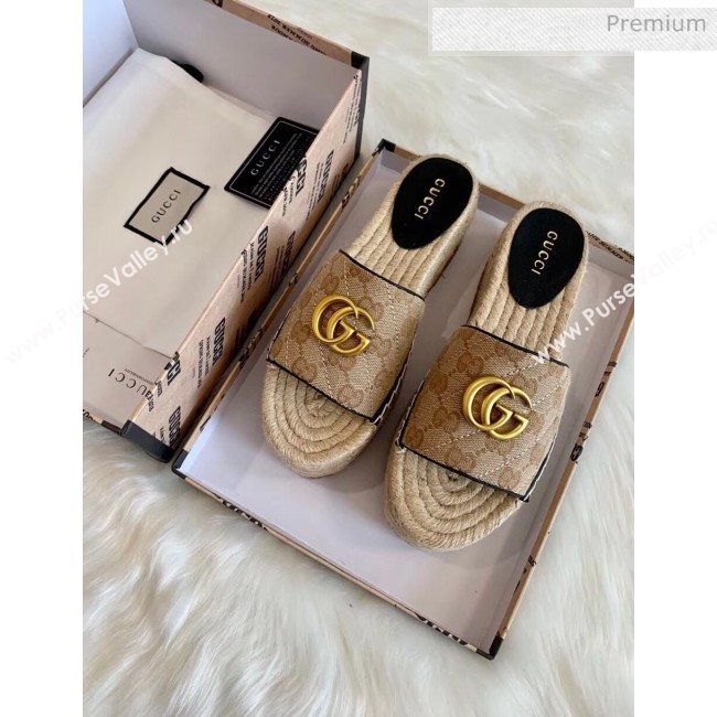 Gucci GG Matelassé Canvas Espadrille Sandal With Cord platform Beige 2020 (HB-20041405)