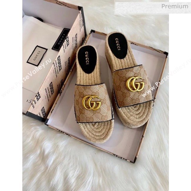 Gucci GG Matelassé Canvas Espadrille Sandal With Cord platform Beige 2020 (HB-20041405)