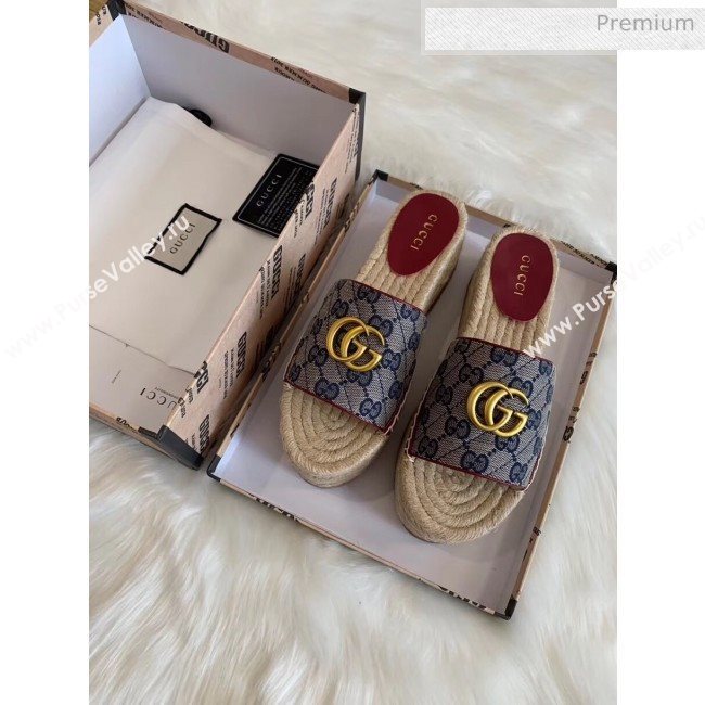 Gucci GG Matelassé Canvas Espadrille Sandal With Cord platform Blue 2020 (HB-20041407)
