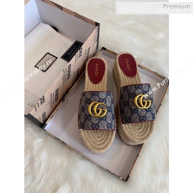 Gucci GG Matelassé Canvas Espadrille Sandal With Cord platform Blue 2020 (HB-20041407)