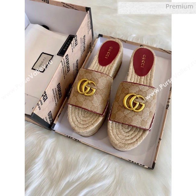 Gucci GG Matelassé Canvas Espadrille Sandal With Cord platform Beige/Burgundy 2020 (HB-20041408)