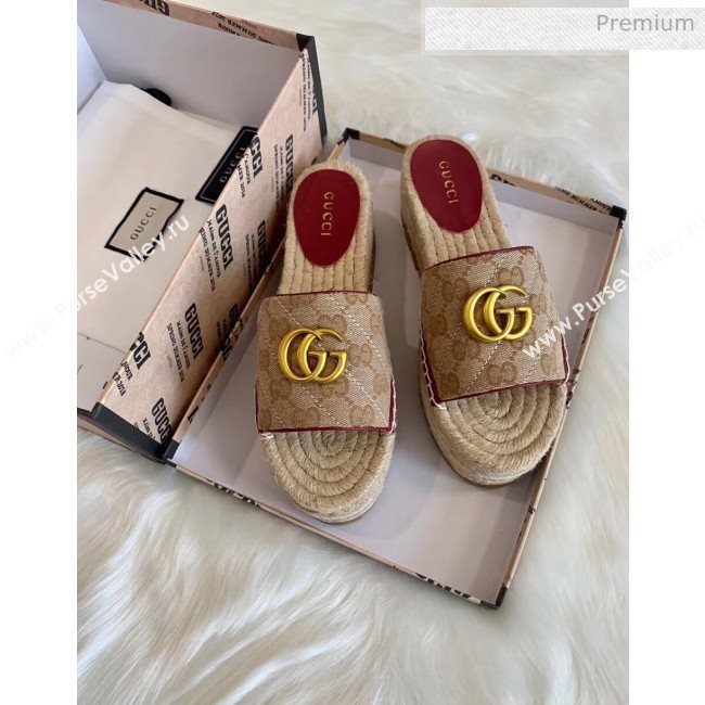 Gucci GG Matelassé Canvas Espadrille Sandal With Cord platform Beige/Burgundy 2020 (HB-20041408)