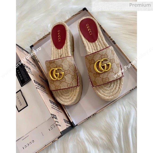 Gucci GG Matelassé Canvas Espadrille Sandal With Cord platform Beige/Burgundy 2020 (HB-20041408)