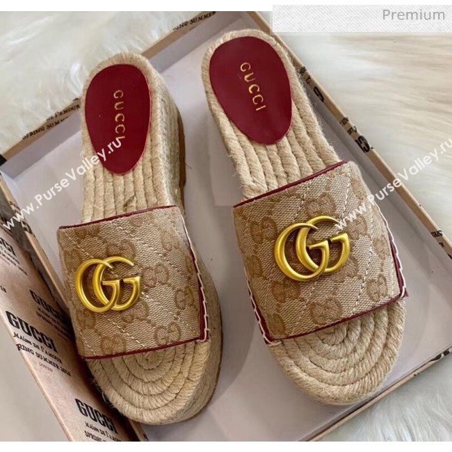 Gucci GG Matelassé Canvas Espadrille Sandal With Cord platform Beige/Burgundy 2020 (HB-20041408)