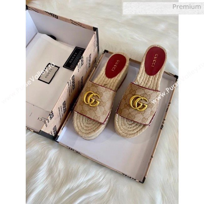 Gucci GG Matelassé Canvas Espadrille Sandal With Cord platform Beige/Burgundy 2020 (HB-20041408)