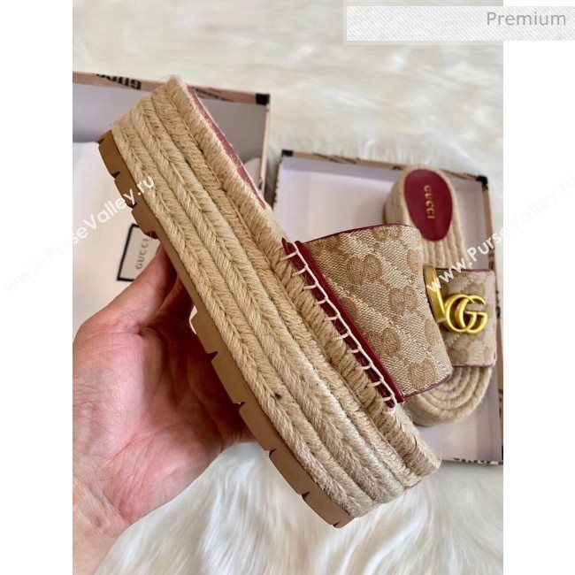 Gucci GG Matelassé Canvas Espadrille Sandal With Cord platform Beige/Burgundy 2020 (HB-20041408)