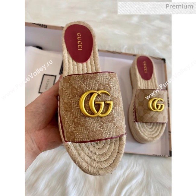 Gucci GG Matelassé Canvas Espadrille Sandal With Cord platform Beige/Burgundy 2020 (HB-20041408)