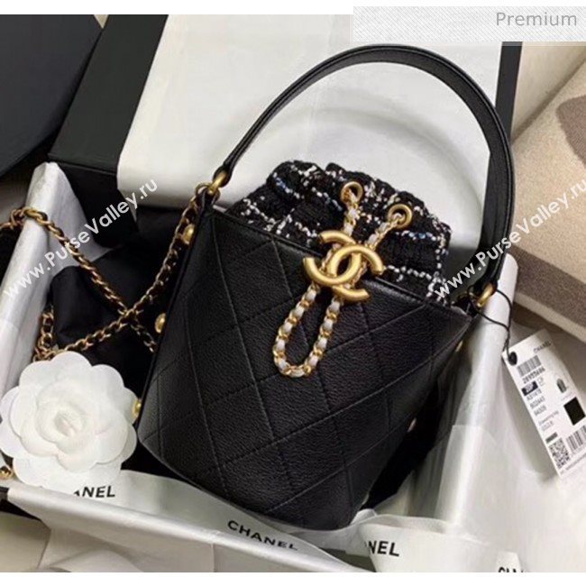 Chanel Calfskin &amp; Tweed Small Drawstring Bag AS1478 Black 2020 (JY-20041744)