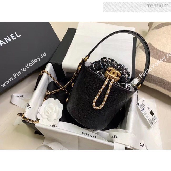 Chanel Calfskin &amp; Tweed Small Drawstring Bag AS1478 Black 2020 (JY-20041744)