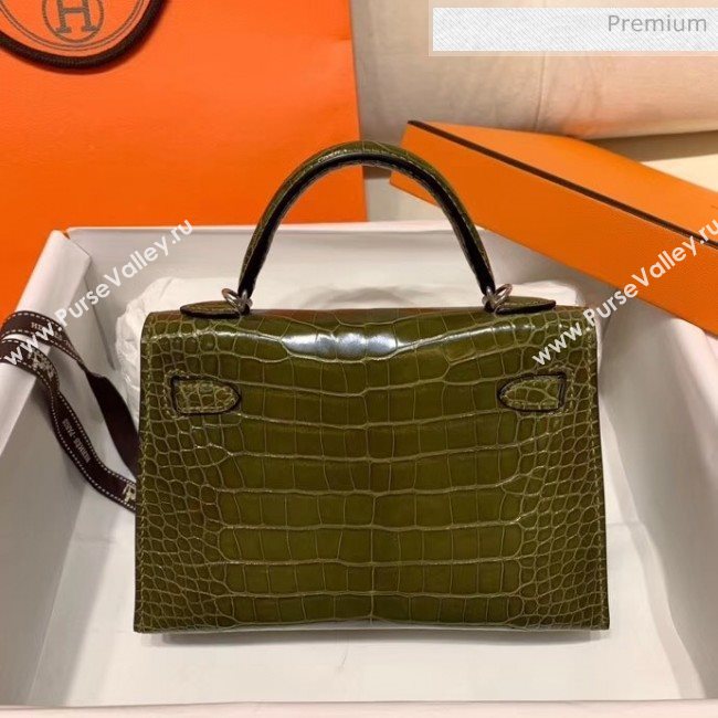 Hermes Mini Kelly II Handbag in Glossy Real Alligator Leather Army Green (Handmade) (AQ-20042112)