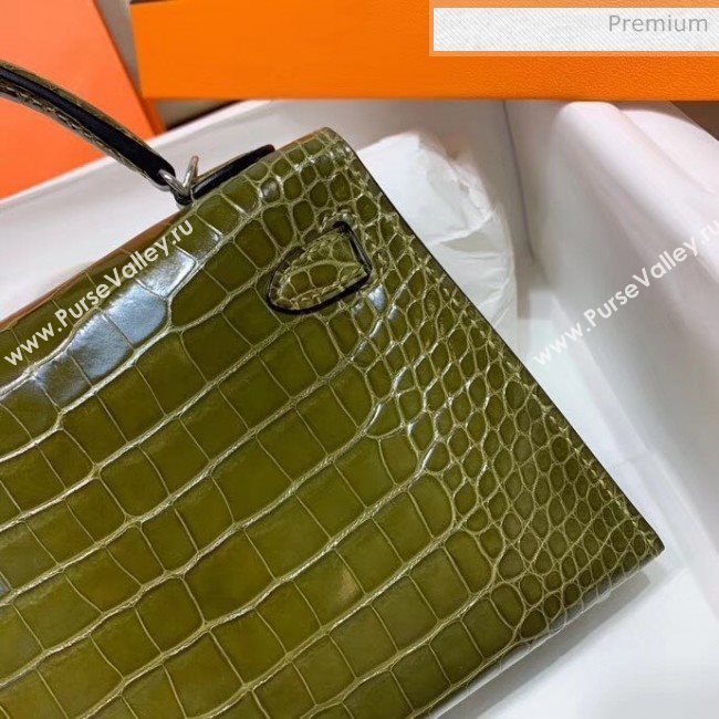 Hermes Mini Kelly II Handbag in Glossy Real Alligator Leather Army Green (Handmade) (AQ-20042112)