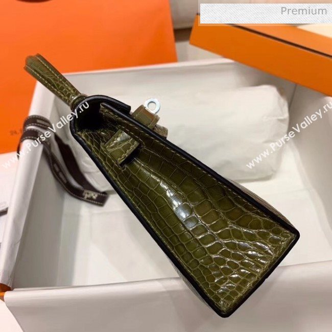 Hermes Mini Kelly II Handbag in Glossy Real Alligator Leather Army Green (Handmade) (AQ-20042112)