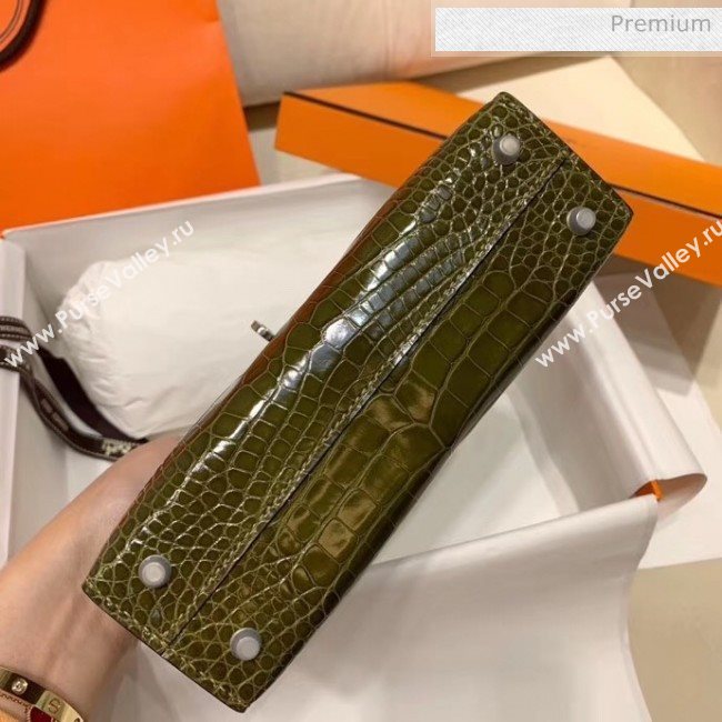 Hermes Mini Kelly II Handbag in Glossy Real Alligator Leather Army Green (Handmade) (AQ-20042112)