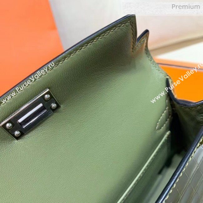 Hermes Mini Kelly II Handbag in Glossy Real Alligator Leather Army Green (Handmade) (AQ-20042112)