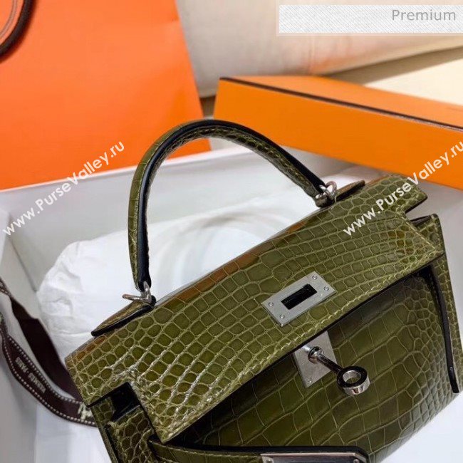 Hermes Mini Kelly II Handbag in Glossy Real Alligator Leather Army Green (Handmade) (AQ-20042112)