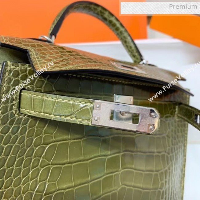 Hermes Mini Kelly II Handbag in Glossy Real Alligator Leather Army Green (Handmade) (AQ-20042112)