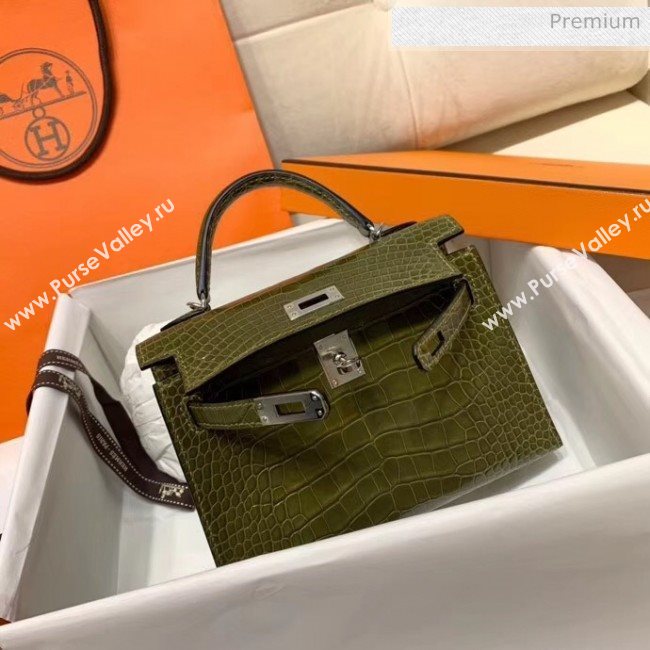 Hermes Mini Kelly II Handbag in Glossy Real Alligator Leather Army Green (Handmade) (AQ-20042112)