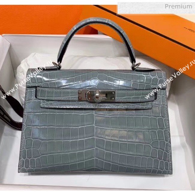 Hermes Mini Kelly II Handbag in Glossy Real Alligator Leather Grey (Handmade) (AQ-20042103)