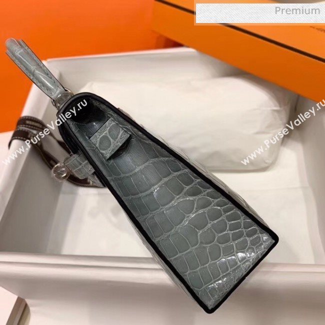 Hermes Mini Kelly II Handbag in Glossy Real Alligator Leather Grey (Handmade) (AQ-20042103)