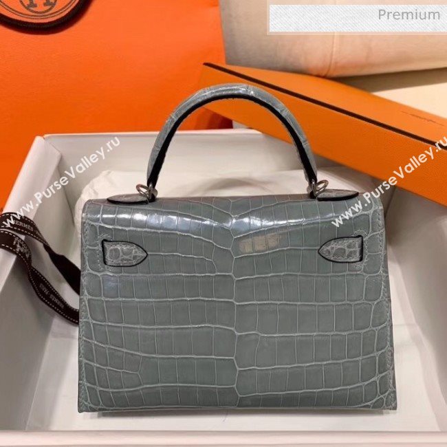 Hermes Mini Kelly II Handbag in Glossy Real Alligator Leather Grey (Handmade) (AQ-20042103)