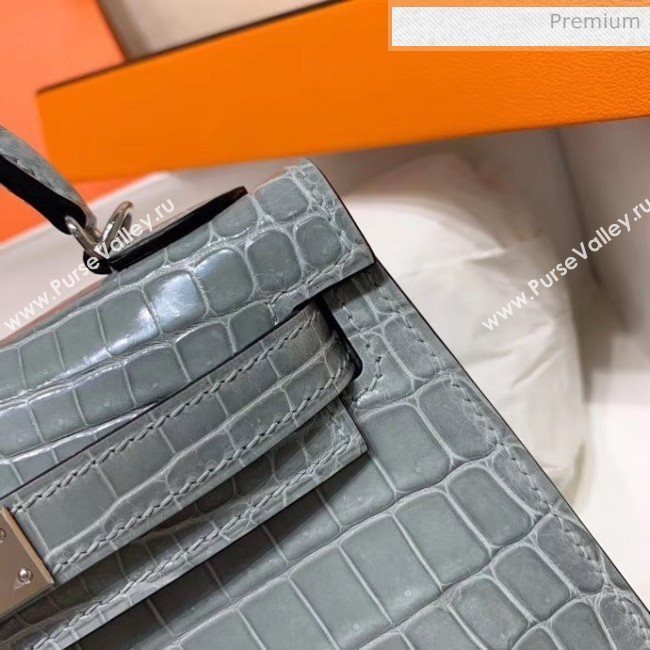 Hermes Mini Kelly II Handbag in Glossy Real Alligator Leather Grey (Handmade) (AQ-20042103)