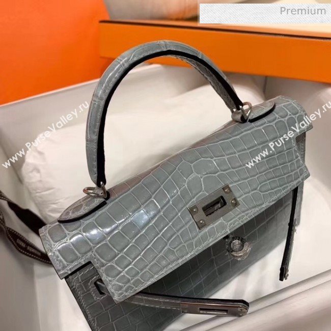 Hermes Mini Kelly II Handbag in Glossy Real Alligator Leather Grey (Handmade) (AQ-20042103)