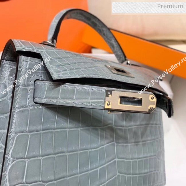 Hermes Mini Kelly II Handbag in Glossy Real Alligator Leather Grey (Handmade) (AQ-20042103)