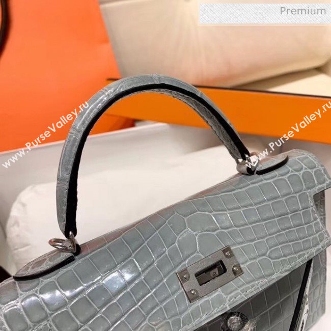 Hermes Mini Kelly II Handbag in Glossy Real Alligator Leather Grey (Handmade) (AQ-20042103)