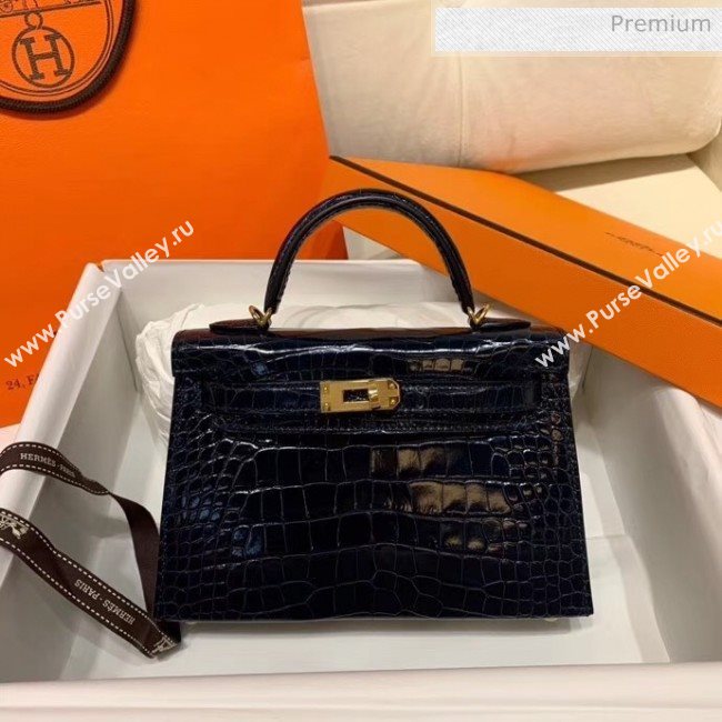 Hermes Mini Kelly II Handbag in Glossy Real Alligator Leather Deep Blue (Handmade) (AQ-20042113)