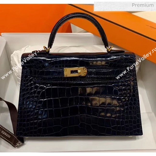 Hermes Mini Kelly II Handbag in Glossy Real Alligator Leather Deep Blue (Handmade) (AQ-20042113)