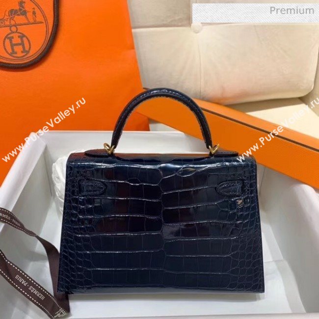 Hermes Mini Kelly II Handbag in Glossy Real Alligator Leather Deep Blue (Handmade) (AQ-20042113)