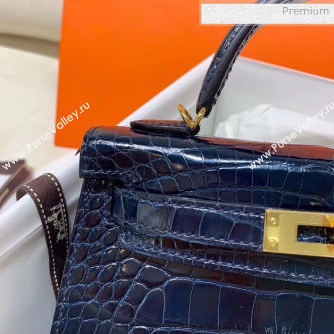 Hermes Mini Kelly II Handbag in Glossy Real Alligator Leather Deep Blue (Handmade) (AQ-20042113)