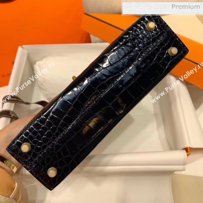 Hermes Mini Kelly II Handbag in Glossy Real Alligator Leather Deep Blue (Handmade) (AQ-20042113)