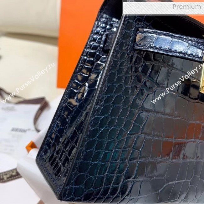 Hermes Mini Kelly II Handbag in Glossy Real Alligator Leather Deep Blue (Handmade) (AQ-20042113)