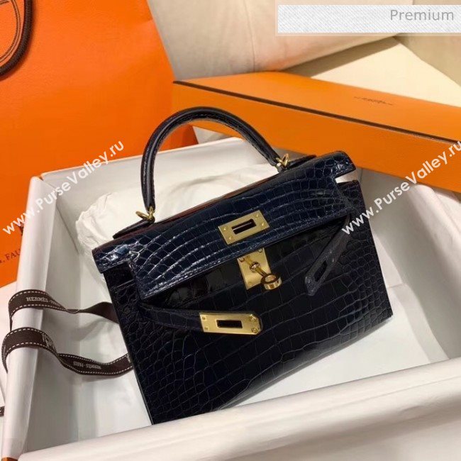 Hermes Mini Kelly II Handbag in Glossy Real Alligator Leather Deep Blue (Handmade) (AQ-20042113)