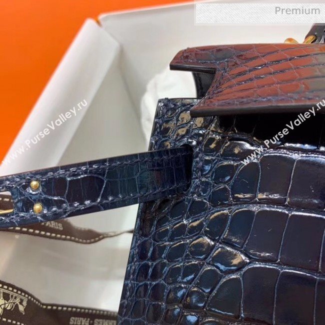 Hermes Mini Kelly II Handbag in Glossy Real Alligator Leather Deep Blue (Handmade) (AQ-20042113)