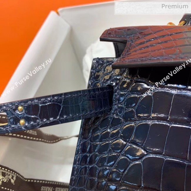 Hermes Mini Kelly II Handbag in Glossy Real Alligator Leather Deep Blue (Handmade) (AQ-20042113)