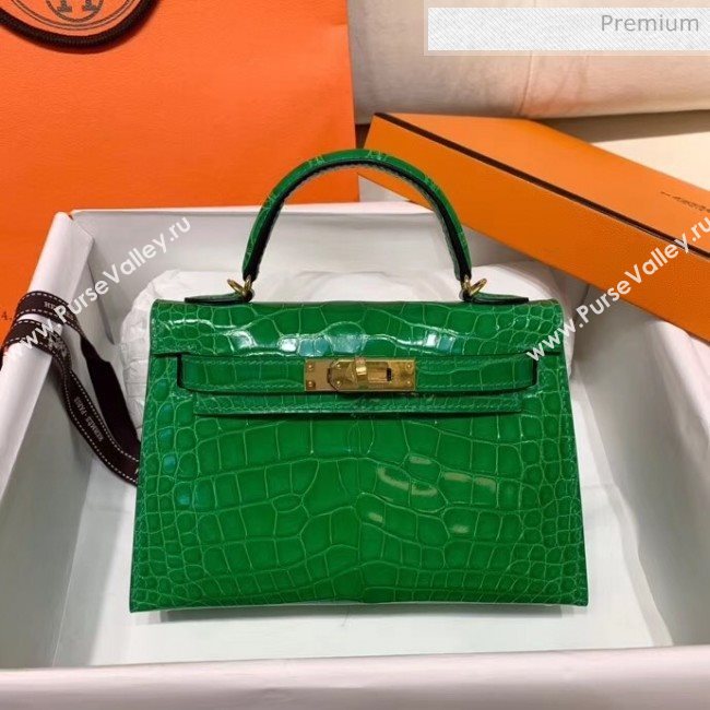 Hermes Mini Kelly II Handbag in Glossy Real Alligator Leather Bright Green (Handmade) (AQ-20042107)