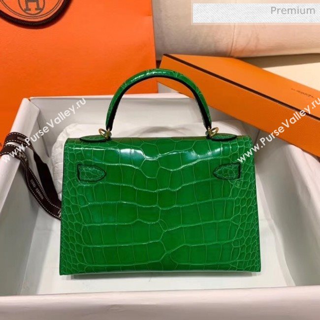 Hermes Mini Kelly II Handbag in Glossy Real Alligator Leather Bright Green (Handmade) (AQ-20042107)